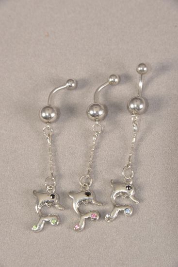 Body Piercing For Belly Dolphin Charm / 12 pcs = Dozen  316L Surgical Steel , 2 of each Color Asst , Display Card & Opp Bag