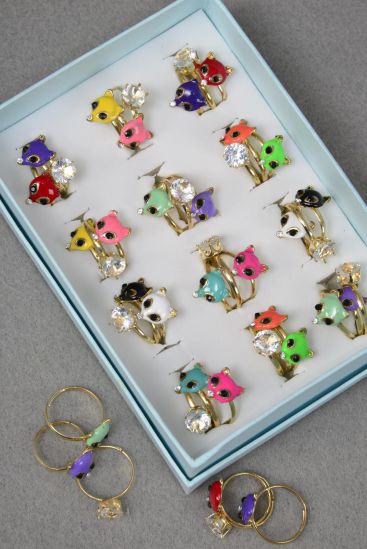 Rings 36 pcs Enamel Fox Diamond Ring Mix Multi / 36 pcs rings = Display Adjustable , Pr Color Mix ,1 Dz Velvet Display Window Box & OPP bag & UPC Code 