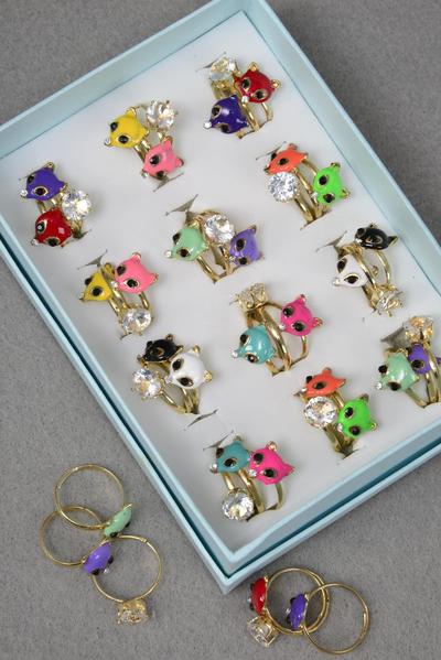 Rings 36 pcs Enamel Fox Diamond Ring Mix Multi / 36 pcs rings = Display Adjustable , Pr Color Mix ,1 Dz Velvet Display Window Box & OPP bag & UPC Code 