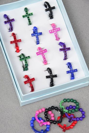 Rings Color Cross Rhinestones Beads Stretch Dark Multi / 12 pcs = Dozen Dark Multi , Stretch , 2 of each Color Asst ,1 Dz Velvet Display Window Box & OPP bag & UPC Code