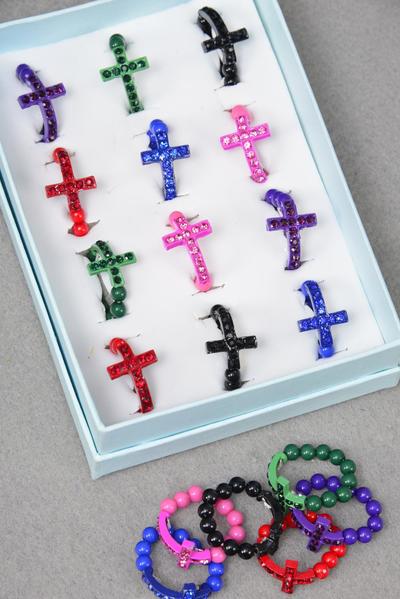 Rings Color Cross Rhinestones W Color Beads Stretch / 12 pcs = Dozen Stretch , 1Dz Velvet Display Window Box & OPP Bag & UPC Code , Choose Colors