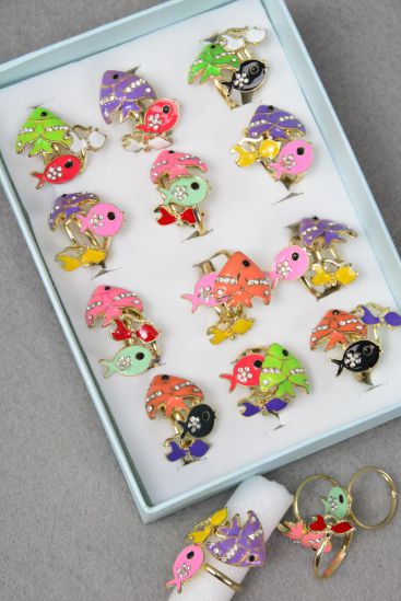 Rings 36 pcs Enamel Cat Tropical Fish Mix Multi / 36 pcs Rings = Disply Adjustable , 2 Of Each Color Asst , Velvet Ring Display Window Box & OPP bag & UPC Code 