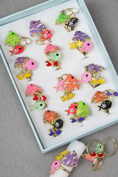 Rings 36 pcs Enamel Cat Tropical Fish Mix Multi / 36 pcs Rings = Disply Adjustable , 2 Of Each Color Asst , Velvet Ring Display Window Box & OPP bag & UPC Code 
