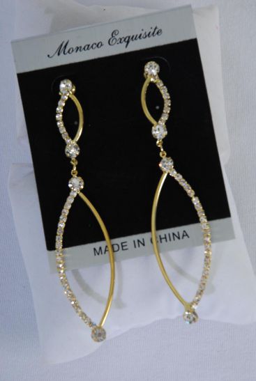 Earrings Drop Rhinestone Gold Post / PC  Gold , Post , Size - 3.25" x 0.75" Wide , Black Velvet Earring Card & OPP Bag & UPC Code