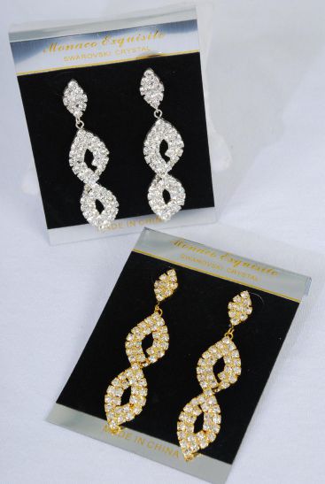 Earrings Rhinestone Dangle Post / PC Post , Size - 2.75" x 0.75" Wide , Earring Card & OPP Bag & UPC Code , Choose Gold or Silver Finish