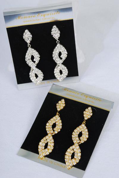 Earrings Boutique Rhinestone Dangle /PC Post ,Size- 2.75"x 0.75" Wide ,Earring Card & OPP Bag & UPC Code ,Choose Gold or Silver Finishes
