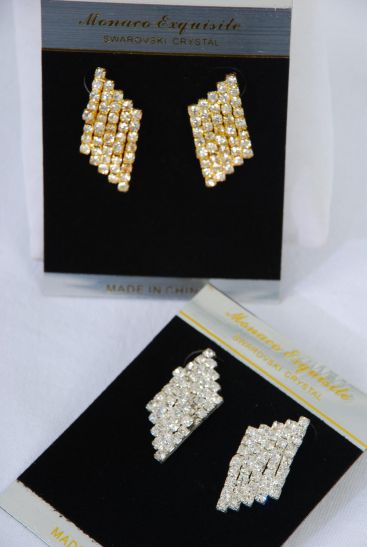 Earrings Diamond Shape Rhinestone Post / PC Post , Size -1.5 " x 0.75" Wide , Velvet Earring Card & OPP Bag & UPC Code , Choose Gold Or Silver Finish