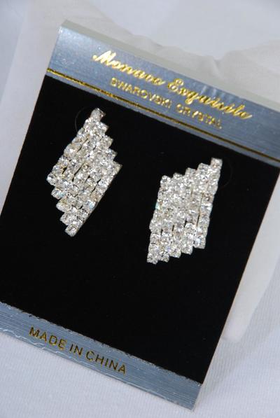 Earrings Diamond Shape Rhinestone Post / PC Post , Size -1.5 " x 0.75" Wide , Velvet Earring Card & OPP Bag & UPC Code , Choose Gold Or Silver Finish