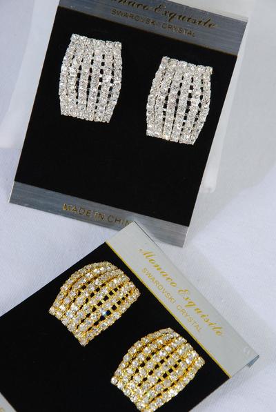 Earrings Rhinestone Post / PC Post , Size - 1.25" x 1" Wide , Black Velvet Card & OPP Bag & UPC Code , Choose Gold Or Silver Finish