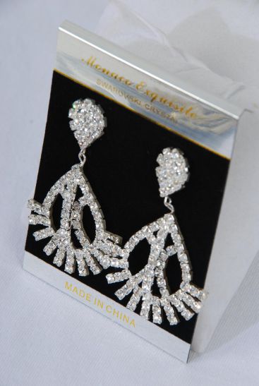 Earrings Rhinestone Teardrop Dangle Silver Post / 12 pcs =Dozen Silver, Post , Size - 2.25" x 1.5" Wide , Black Velvet Earring Card & OPP bag & UPC Code