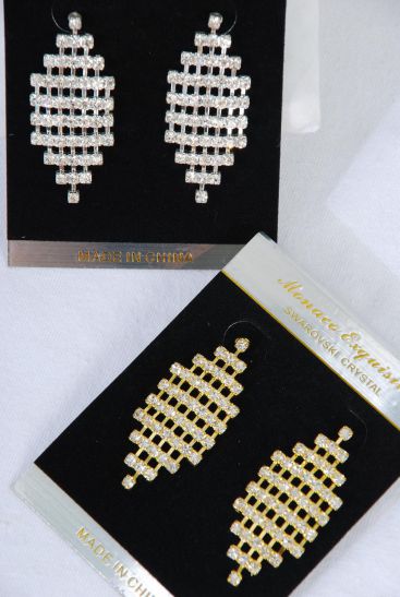 Earrings Rhinestone Post / 12 pair = Dozen Post , Size - 1.75" X 0.75" Wide , Velvet Earring Card & OPP bag & UPC Code , Choose Gold Or Silver Finish