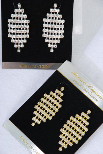 Earrings Rhinestone Post / 12 pair = Dozen Post , Size - 1.75" X 0.75" Wide , Velvet Earring Card & OPP bag & UPC Code , Choose Gold Or Silver Finish