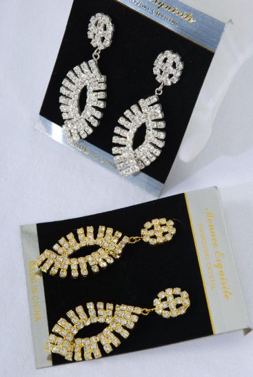 Earrings Rhinestone Drop Post / PC Post , Size - 2.5" x 1" Wide , Black Velvet Earring Card & Opp Bag & UPC Code , Choose Gold or Silver Finish