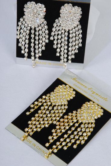 Earrings Rhinestone Cluster Heart  Drop Post / PC Post , Size - 2.75" x 1.25"Wide ,  w Black Velvet Earring Card & OPP Bag & UPC Code , Choose Gold Or Silver Finish