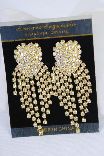 Earrings Rhinestone Gold Cluster Heart Drop Post / PC Gold , Post , Size - 2.75" x 1.25" Wide , Velvet Earring card & OPP bag & UPC Code