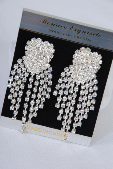 Earrings Rhinestone Silver Cluster Heart Drop Post / PC Silver , Post , Size - 2.75" x 1.25" Wide , Black Velvet Earring Card & OPP Bag & UPC Code