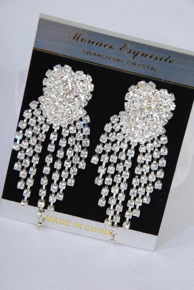 Earrings Rhinestone Cluster Heart  Drop Post / PC Post , Size - 2.75" x 1.25"Wide ,  w Black Velvet Earring Card & OPP Bag & UPC Code , Choose Gold Or Silver Finish