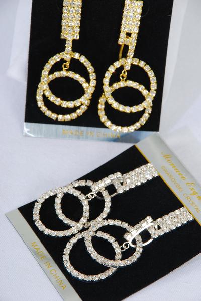 Earrings Rhinestone Circle Drop Post / PC Post , Size - 2.5" x 1" Wide , Black Velvet Earring Card & OPP Bag & UPC Code , Choose Gold Or Silver Finish
