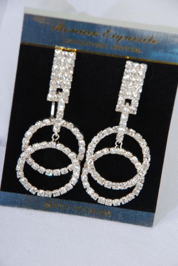 Earrings Rhinestone Circle Drop Silver Post / PC Silver , Post , Size - 2.5" x 1" Wide , Black Velvet Earring Card & OPP Bag & UPC Code