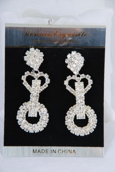 Earrings Rhinestone Circle Heart Silver Mix Post / PC Silver , Post , Size - 2.5" x  0.75" Wide , Velvet Earring Card & OPP Bag & UPC Code