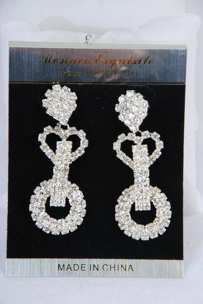 Earrings Rhinestone Circle Heart Mix Post / PC Post, Size-2.5"x 0.75" Wide, Choose Gold Or Silver Finish, Velvet Earring Card & OPP bag & UPC Code