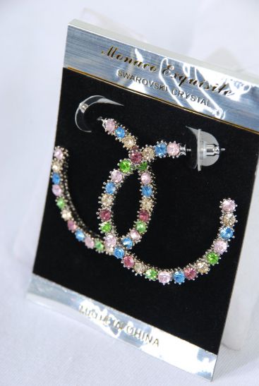 Earrings Hoop Pastel Rhinestones / PC  Pastel , Size - 1.25" Wide , Black Velvet Earring Card & OPP bag & UPC Code