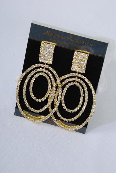 Earrings Triple Oval Dangle Rhinestones Post / PC Post , Size - 3" x 1.75" Wide , Black Velvet Earring Card & OPP bag & UPC Code , Choose Colors
