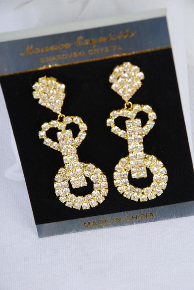 Earrings Rhinestone Circle Heart Mix Post / PC Post, Size-2.5"x 0.75" Wide, Choose Gold Or Silver Finish, Velvet Earring Card & OPP bag & UPC Code