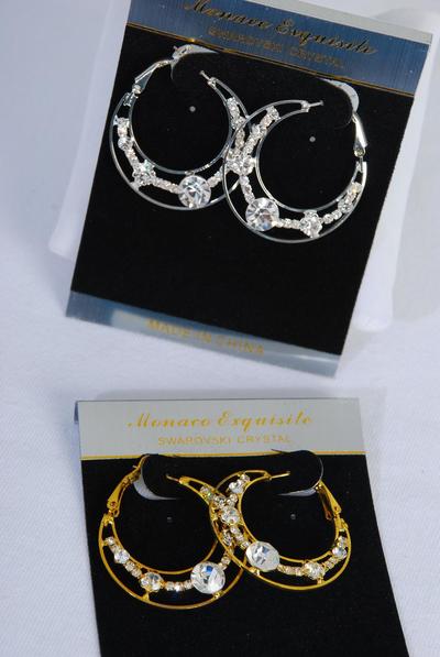 Earrings Hoop Clear Rhinestone / PC Post , Size - 1.25" Wide , Black Velvet Earring Card & OPP Bag & UPC Code , Choose Gold or Silver Finish