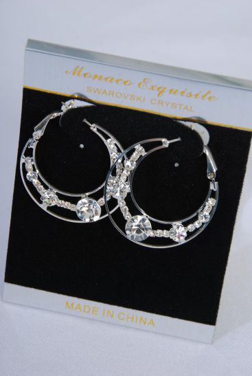 Earrings Hoop Silver Clear Rhinestone / PC Silver , Size - 1.25" Wide , Black Velvet Earring Card & OPP Bag & UPC Code 