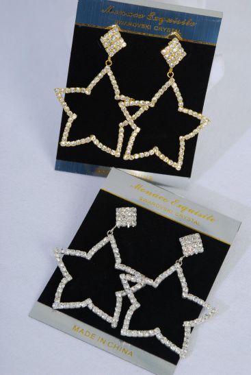 Earrings Rhinestone Star Drop Post / PC Post , Size - 1.75" x 1.75" Wide , Velvet Earring Card & OPP Bag & UPC Code , Choose Gold or Silver Finish