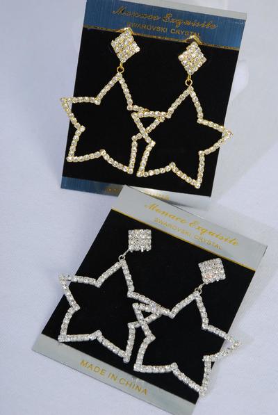 Earrings Rhinestone Star Drop Post / PC Post , Size - 1.75" x 1.75" Wide , Velvet Earring Card & OPP Bag & UPC Code , Choose Gold or Silver Finish