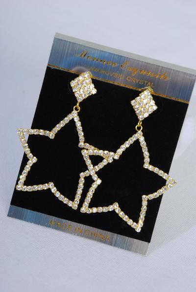 Earrings Rhinestone Star Drop Post / PC Post , Size - 1.75" x 1.75" Wide , Velvet Earring Card & OPP Bag & UPC Code , Choose Gold or Silver Finish