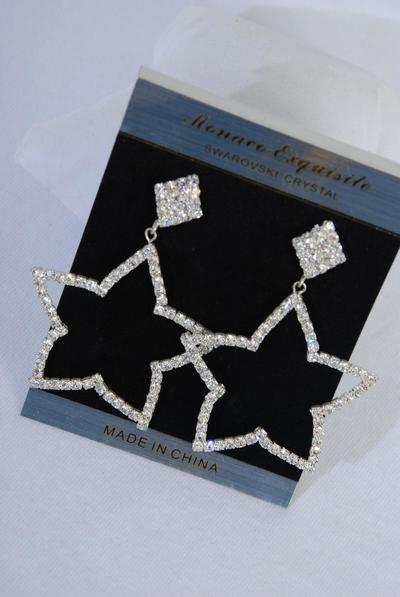 Earrings Rhinestone Star Drop Post / PC Post , Size - 1.75" x 1.75" Wide , Velvet Earring Card & OPP Bag & UPC Code , Choose Gold or Silver Finish