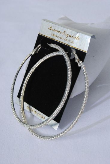 Earrings Hoop Rhinestones Silver Post / PC  Silver , Post , Size - 3" Wide , Black Velvet Earring Card & OPP Bag & UPC Code