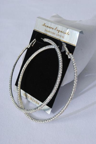 Earrings Hoop Rhinestone Post / 12 Pair = Dozen Post - Size - 3" Wide , Earring Card & OPP Bag & UPC Code , Choose Gold or Silver Finish