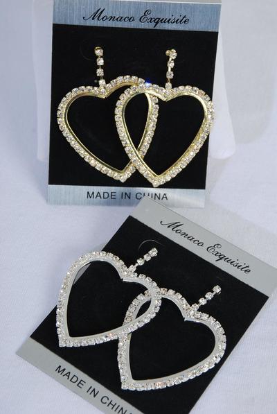 Earrings Rhinestone Heart Post / 12 pair = Dozen Post , Heart Size - 1.5" x 1.25" Wide , Velvet Earring Card & OPP bag & UPC Code , Choose Gold Or Silver Finish 