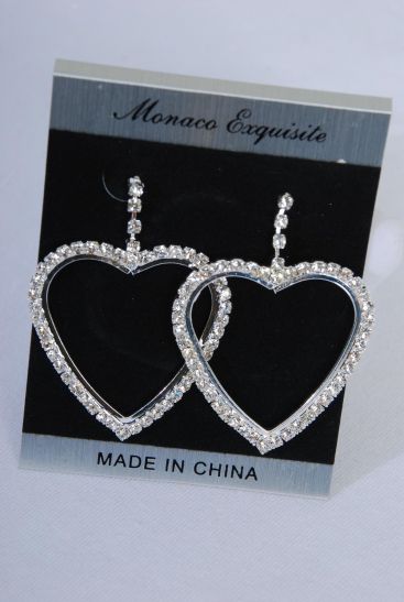 Earrings Boutique Heart Rhinestone Silver / PC Post , Size - 2 25" x 1.75" Wide , Velvet Earring Card & OPP Bag & UPC Code
