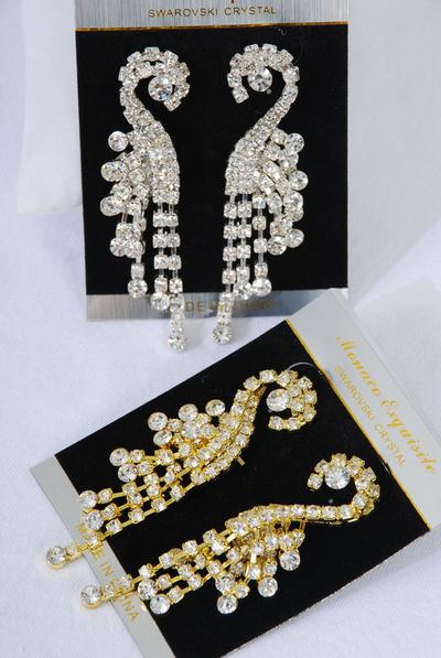 Earrings Rhinestone Cluster Drop Post / PC Post , Size - 2.75" x 1" Wide , Black Velvet Earring Card & OPP Bag & UPC Code , Choose Gold Or Silver Finish