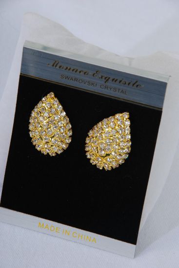 Earrings Boutique Gold Teardrop Rhinestones / PC Gold , Post , Size -1.25" x 1" Wide , Velvet Earring Card & OPP bag & UPC Code