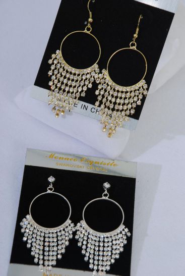 Earrings Rhinestones w Drops Fish Hook / PC  Fish Hook , Size - 2.5" x 1" Wide , Black Velvet Earring Card & OPP Bag & UPC Code , Choose Gold Or Silver Finish
