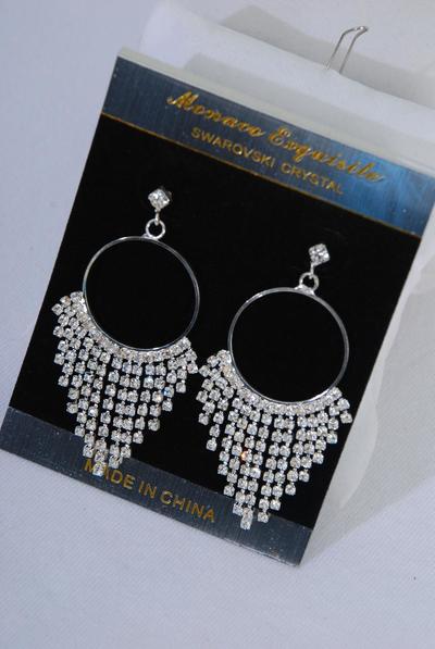 Earrings Rhinestones w Drops Fish Hook / 12 pair = Dozen Fish Hook , Size - 2.5" x 1" Wide , Black Velvet Earring Card & OPP Bag & UPC Code , Choose Gold Or Silver Finish