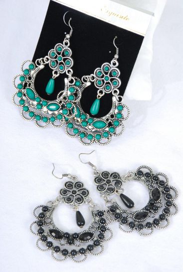 Earrings Antique Semiprecious Stone Victorian Look / PC Size - 2.25" x 2.75" Wide , Velvet Earring Card & OPP Bag & UPC Code , Choose Colors 