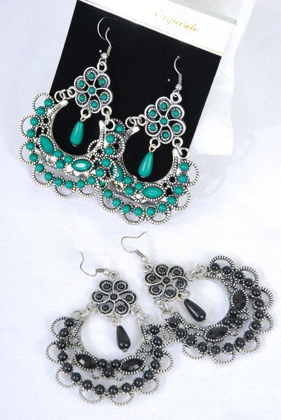 Earrings Antique Semiprecious Stone Victorian Look / PC Size - 2.25" x 2.75" Wide , Velvet Earring Card & OPP Bag & UPC Code , Choose Colors 