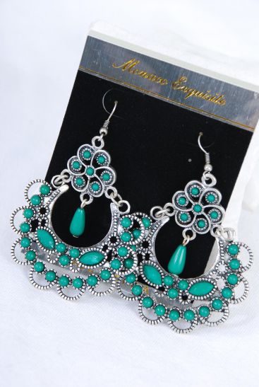 Earrings Antique Semiprecious Stone Victorian Look Green / PC Green , Size - 2.25" x 2.75" Wide , Velvet Earring Card & OPP Bag & UPC Code 