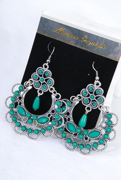 Earrings Antique Semiprecious Stone Victorian Look / PC Size - 2.25" x 2.75" Wide , Velvet Earring Card & OPP Bag & UPC Code , Choose Colors 