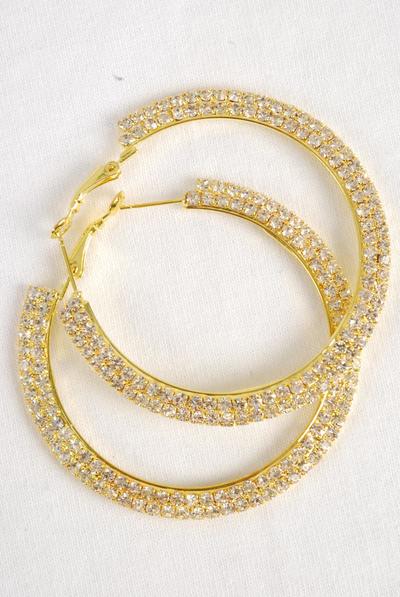 Earrings Hoop Double Row Rhinestone Post / 12 pair = Dozen Post , Size - 2.25" Wide , Black Velvet Earring Crad & OPP Bag & UPC Code , Choose Gold Or Silver Finish