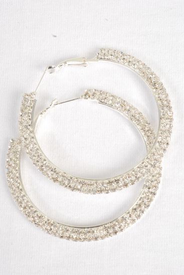 Earrings Hoop Double Row Rhinestone Silver Post / PC Silver , Post , Size - 1.75" Wide , Velvet Earring Card & OPP bag & UPC Code 