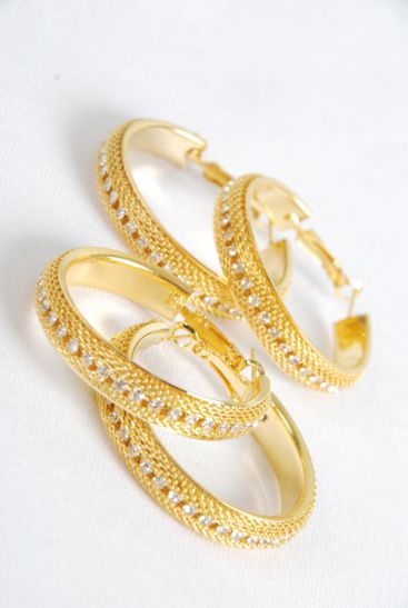 Earrings Hoop Mesh Rhinestone Gold Post / PC Gold , Post , Size - 1.5" Wide , Display Card & OPP Bag & UPC Code 