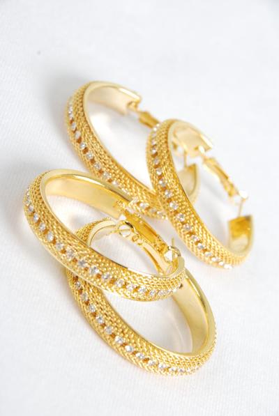 Earrings Hoop Mesh Rhinestone Gold Post / PC Gold , Post , Size - 1.5" Wide , Display Card & OPP Bag & UPC Code 